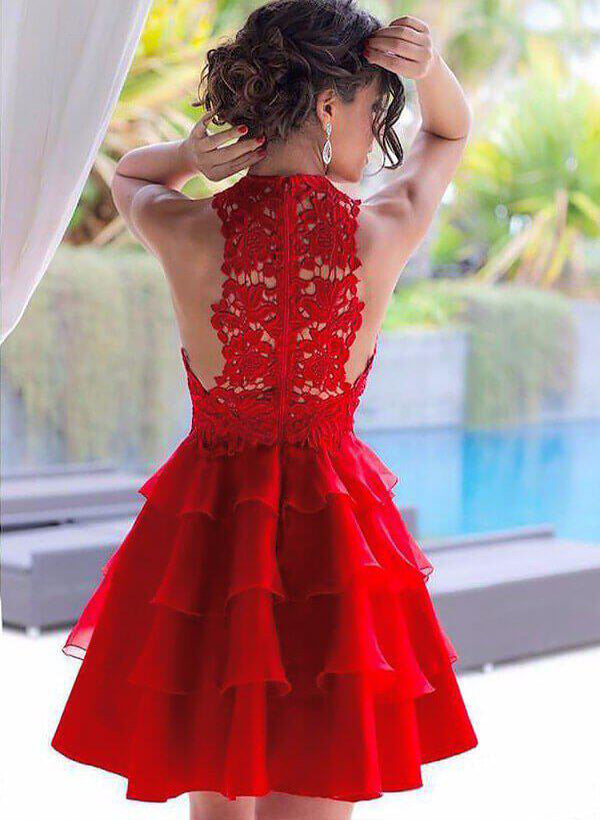 A-Line/Princess Scoop Neck sleeveless Short/Mini Chiffon Homecoming Dresses With Lace