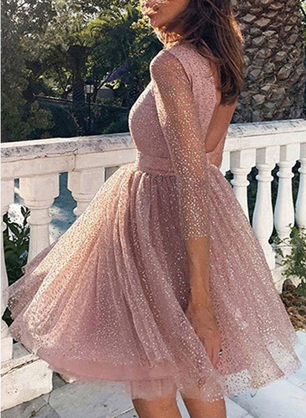 A-line Scoop Neck Long Sleeves Short/Mini Tull Homecoming Dress With Pleated