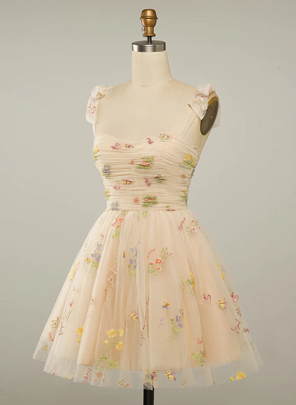 A-Line Sweetheart Sleeveless Tulle Lace Short/Mini Homecoming Dress With Pleated