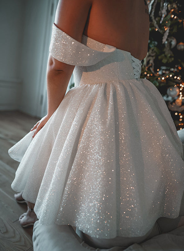 A-Line Off-The-Shoulder Knee-Length Sequined Homecoming Dresses