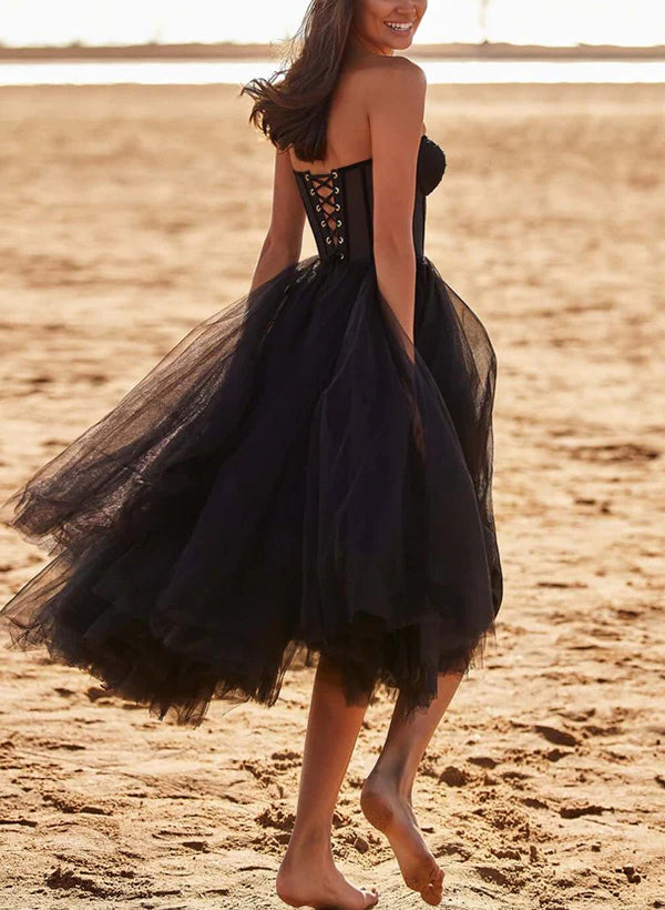 A-Line Sweetheart Sleeveless Tea-Length Tulle Homecoming Dresses