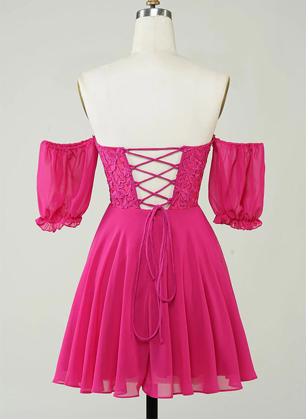 Hot Pibk Sweetheart Short Sleeves Homecoming Dresses With Appliques Lace