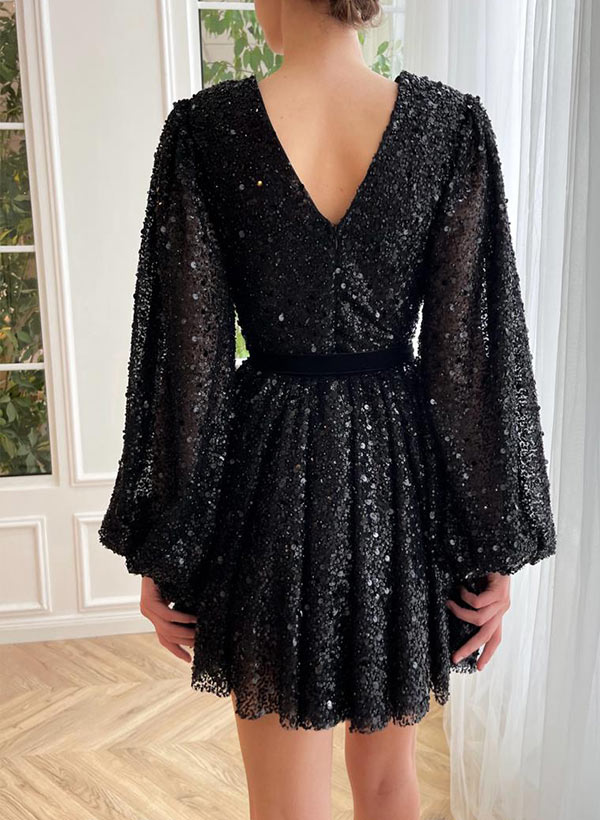 A-Line V-Neck Long Sleeves Short/Mini Sequined Homecoming Dresses