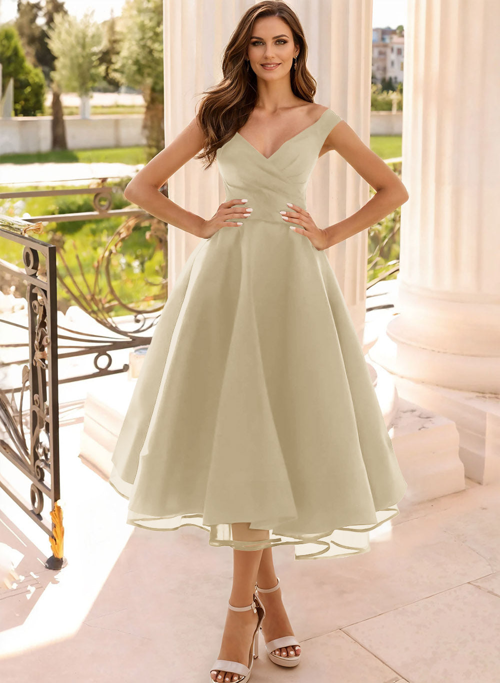 Simple Cap Shoulder A-Line Tea-Length Homecoming Dresses