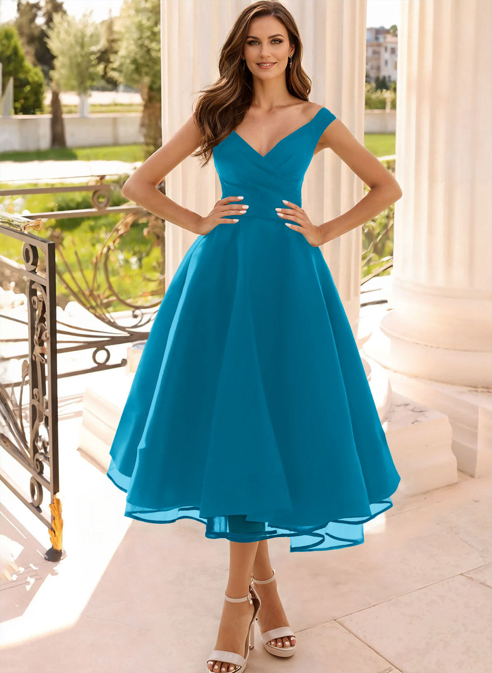 Simple Cap Shoulder A-Line Tea-Length Homecoming Dresses