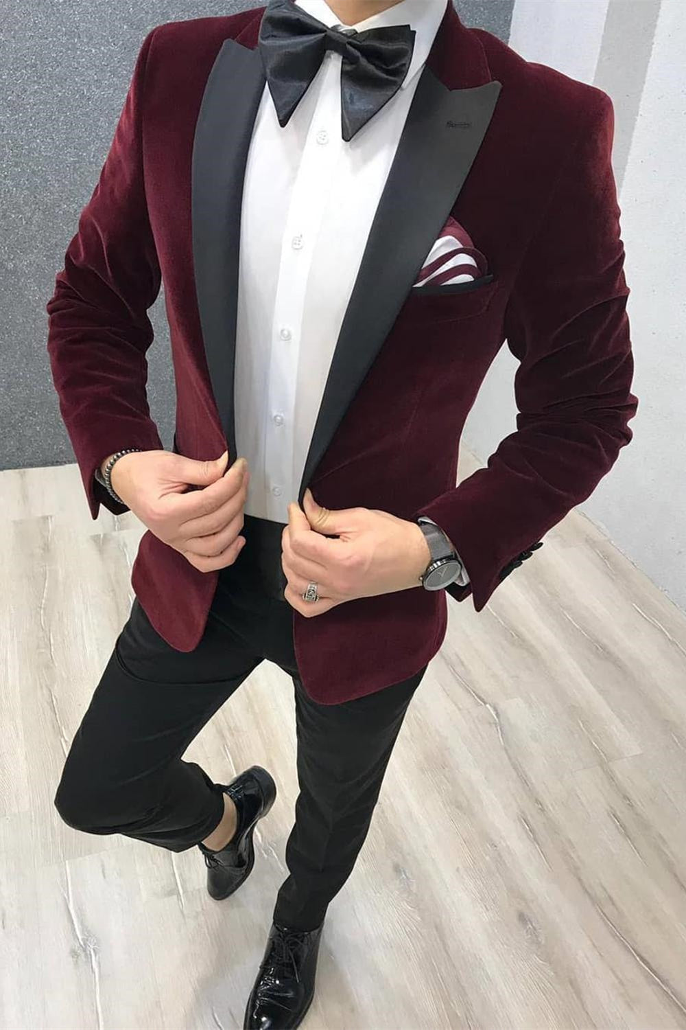 2 Piece Burgundy Velvet Black Satin Wedding Suits With Peak Lapel-BallBride
