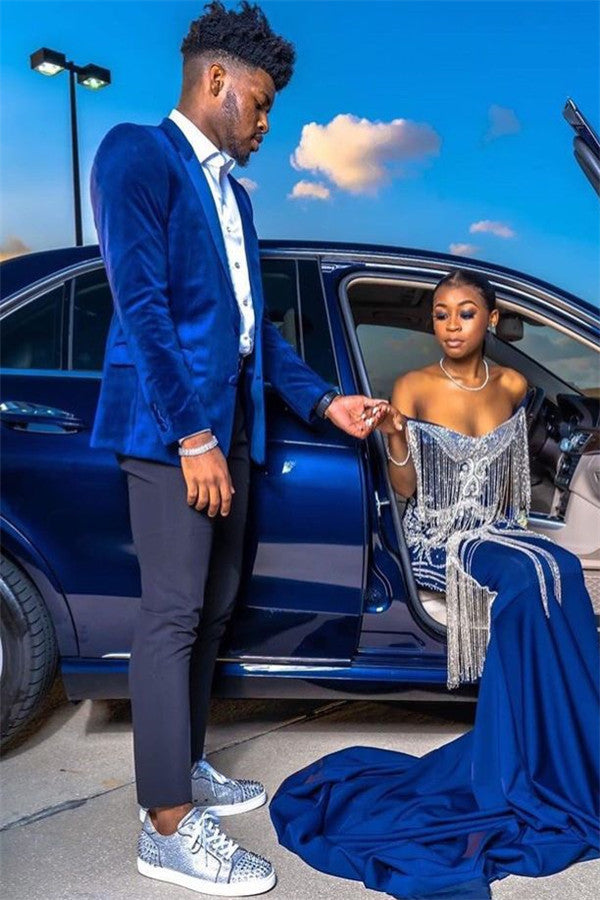 2 Pieces Chic Peaked Lapel Royal Blue Velvet Blazer For Men's Wedding-BallBride