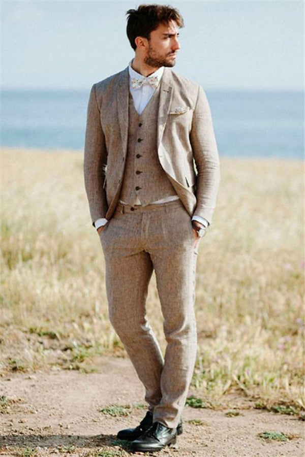 2020 Groom Wedding Tuxedos with 3 Pieces | Khaki Linen Summer Beach Mens Classic Suits-BallBride