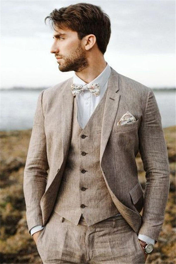 2020 Groom Wedding Tuxedos with 3 Pieces | Khaki Linen Summer Beach Mens Classic Suits-BallBride