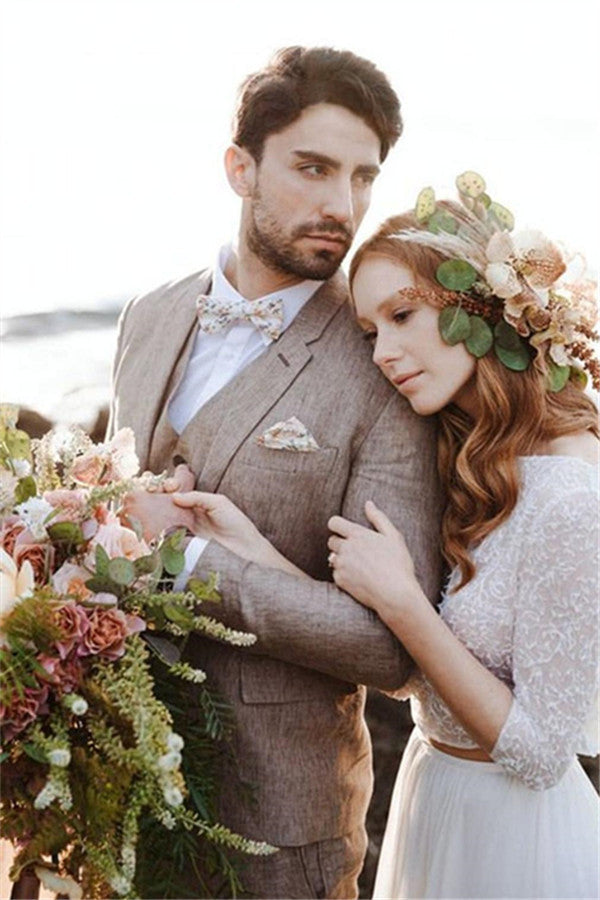2020 Groom Wedding Tuxedos with 3 Pieces | Khaki Linen Summer Beach Mens Classic Suits-BallBride
