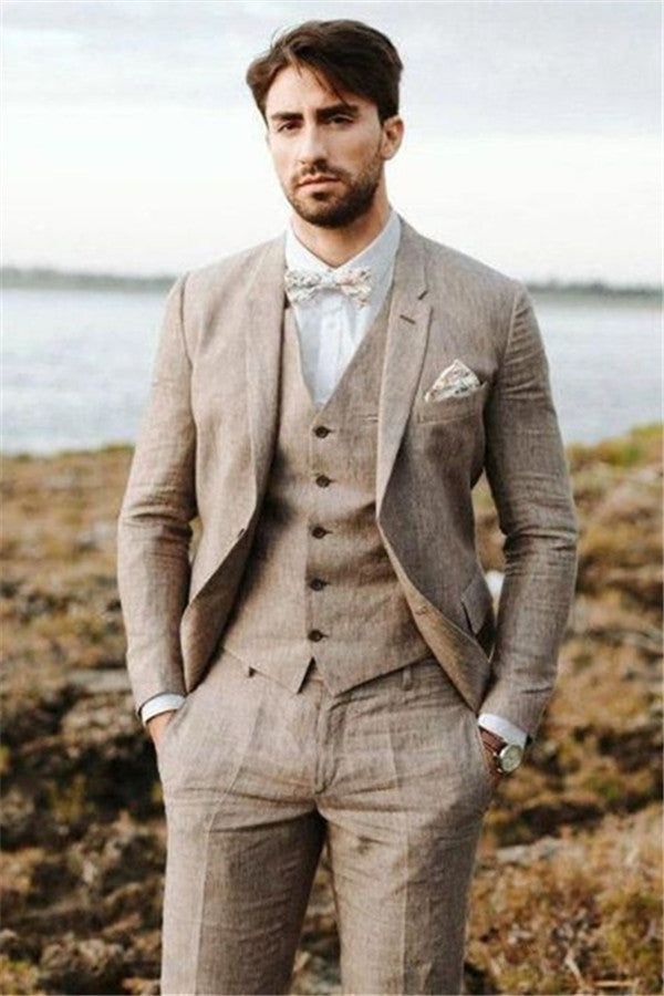 2020 Groom Wedding Tuxedos with 3 Pieces | Khaki Linen Summer Beach Mens Classic Suits-BallBride