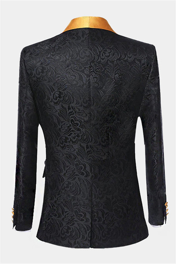 3 Piece Black Jacquard Lapel Shawl Suit for Men Prom-BallBride