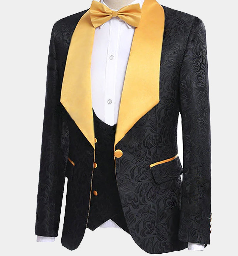3 Piece Black Jacquard Lapel Shawl Suit for Men Prom-BallBride