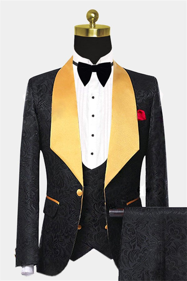 3 Piece Black Jacquard Lapel Shawl Suit for Men Prom-BallBride