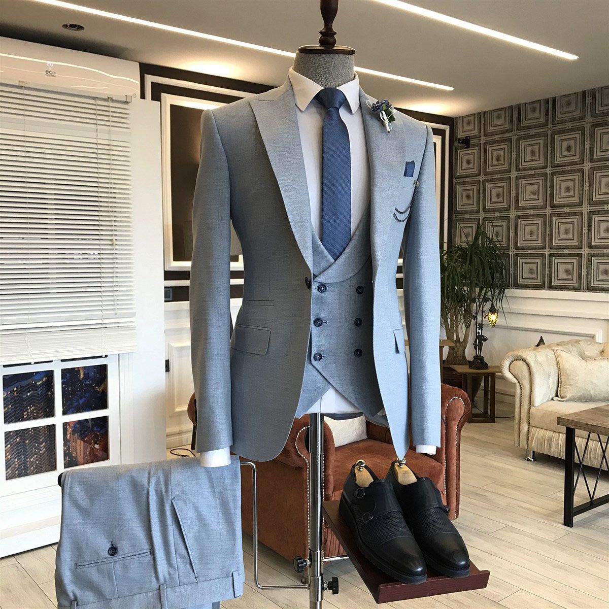 3-Piece Blue Double Breasted Formal Suit for Men-BallBride