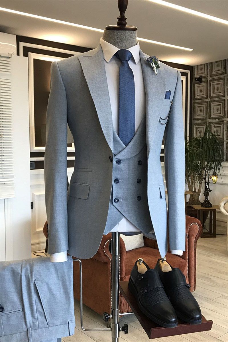 3-Piece Blue Double Breasted Formal Suit for Men-BallBride