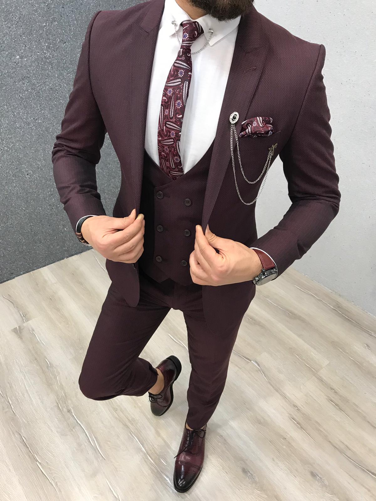 3 Piece Burgundy Reception Suit w/ Peaked Lapels - Handsome Look-BallBride