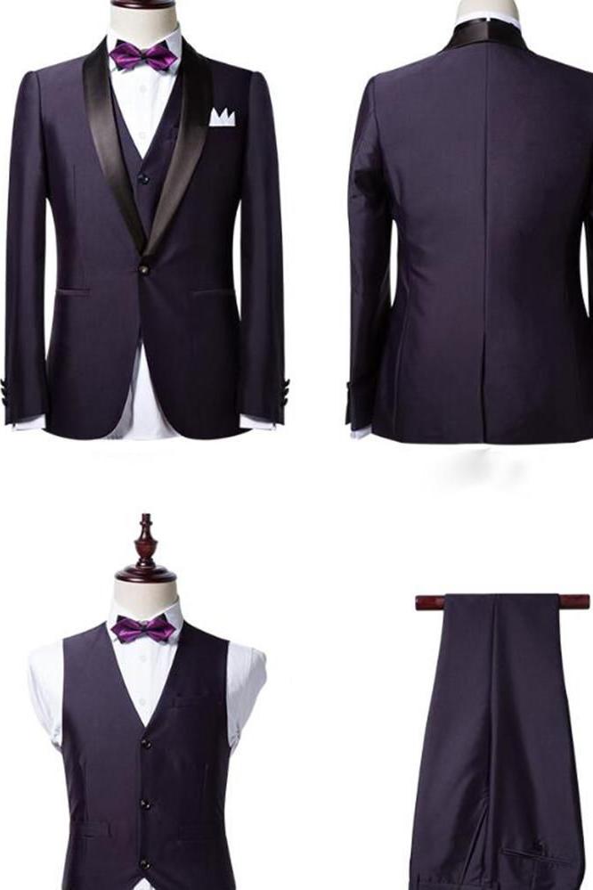 3 Piece Dark Purple Shawl Lapel Black Wedding Tuxedo-BallBride