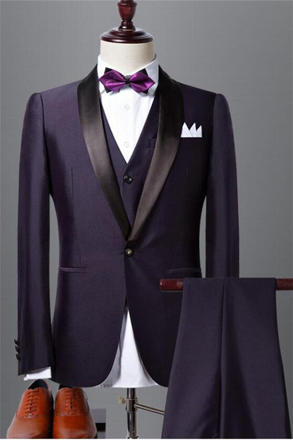 3 Piece Dark Purple Shawl Lapel Black Wedding Tuxedo-BallBride