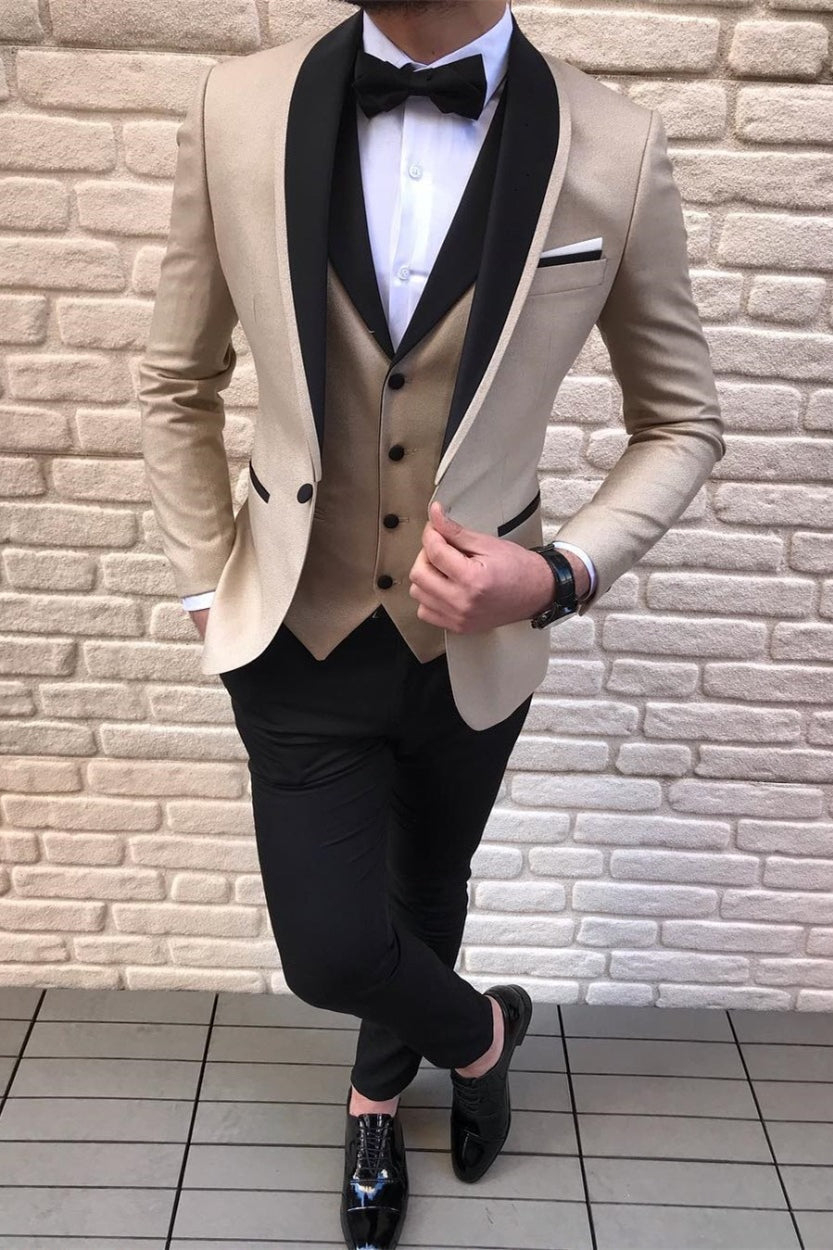 3-Piece Gold Champagne Stylish Black Satin Bespoke Shawl Lapel Party Prom Suit-BallBride
