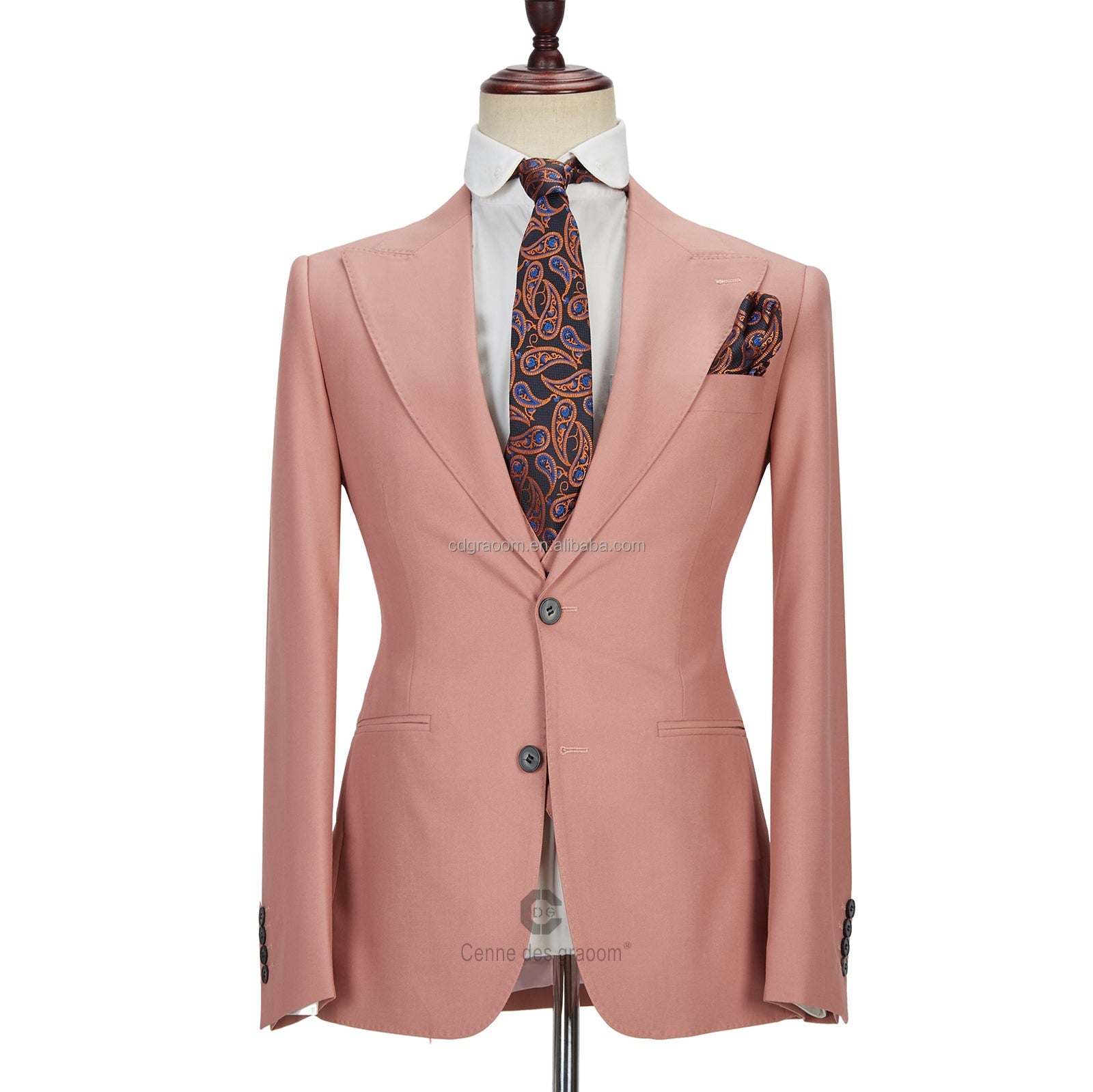 3 Piece Marriage Suit with Peak Lapel for Men - Pink 2 Buttons-BallBride