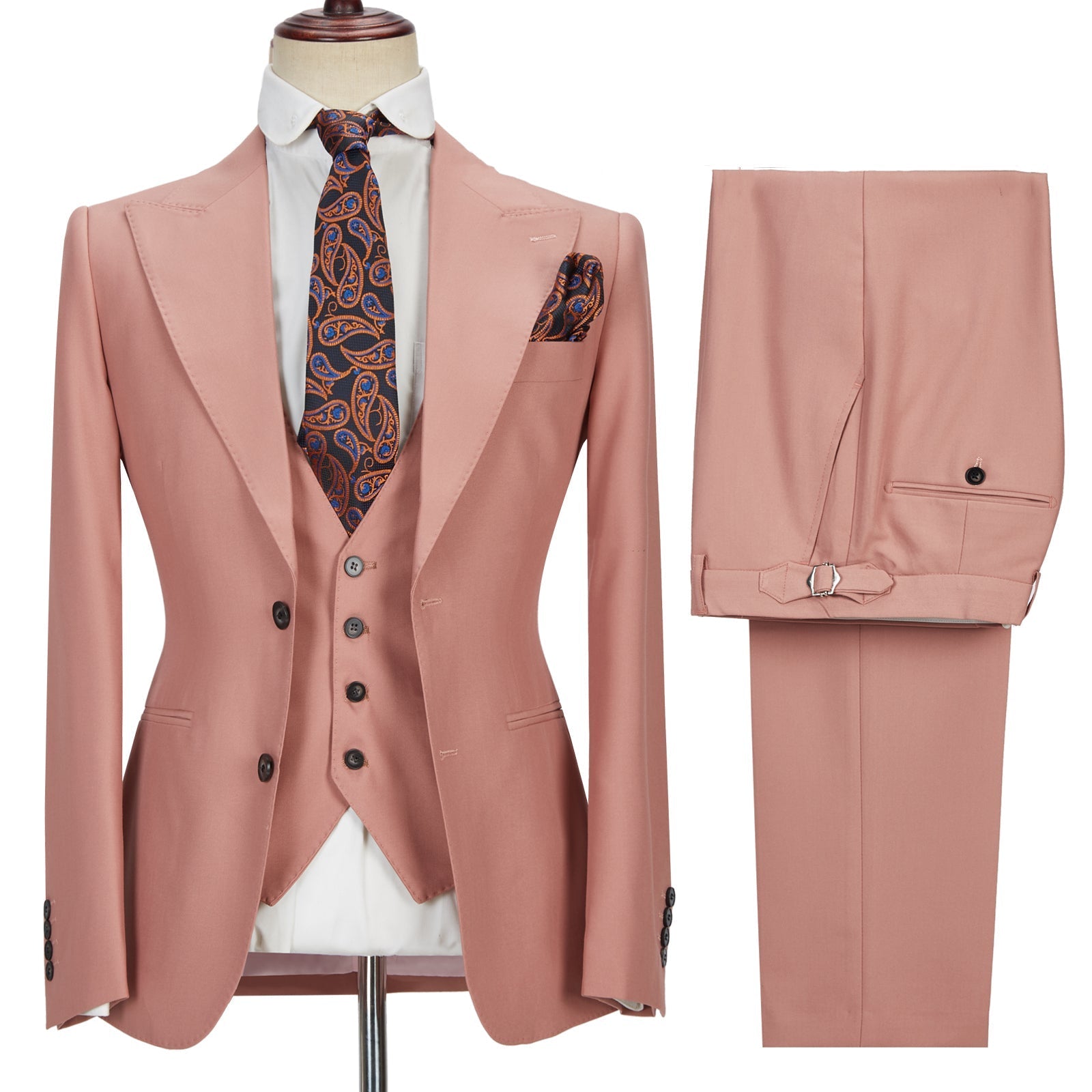 3 Piece Marriage Suit with Peak Lapel for Men - Pink 2 Buttons-BallBride