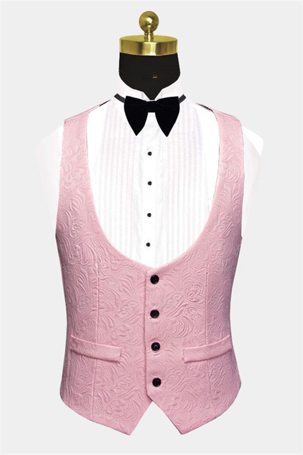 3 Piece Men's Suit with Pink Jacquard for Prom by Black Lapel-BallBride
