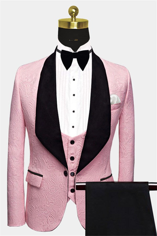 3 Piece Men's Suit with Pink Jacquard for Prom by Black Lapel-BallBride