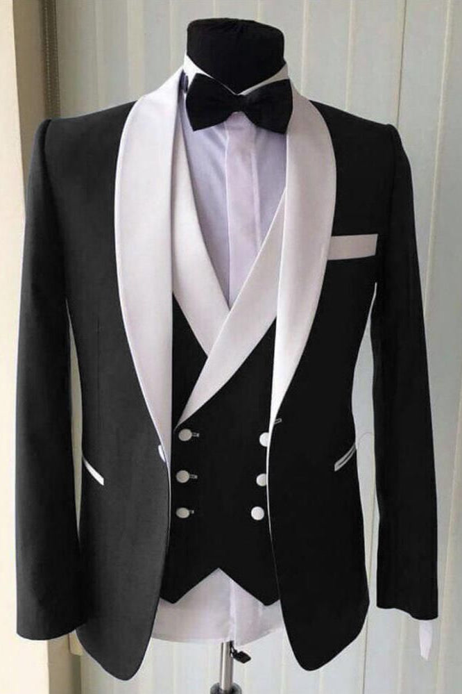 3 Piece Stylish Black Wedding Suit For Men With White Shawl Lapel-BallBride