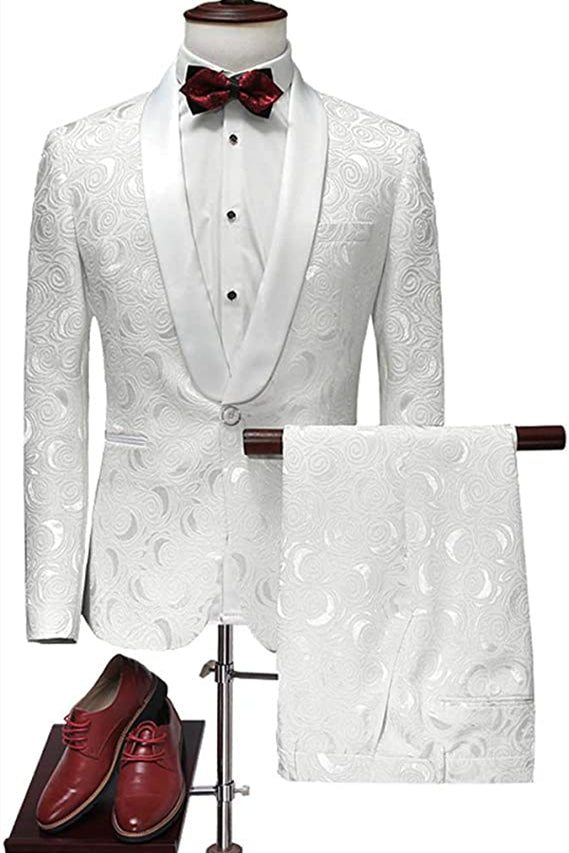 3 Piece White Jacquard Shawl Lapel Blazers Wedding Tuxedos For Men-BallBride