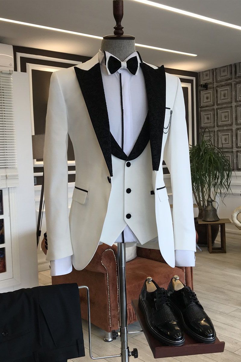 3 Piece White Party Prom Suits For Man with Black Peaked Lapel-BallBride