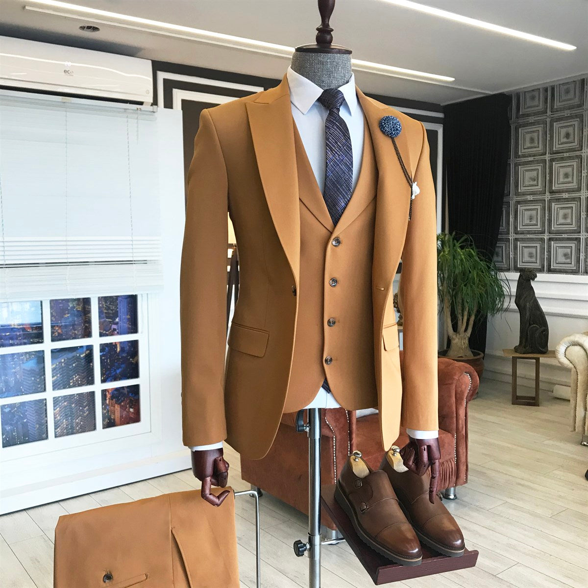 3 Pieces Gold Brown Party Mans Suit For Prom With Peaked Lapel-BallBride