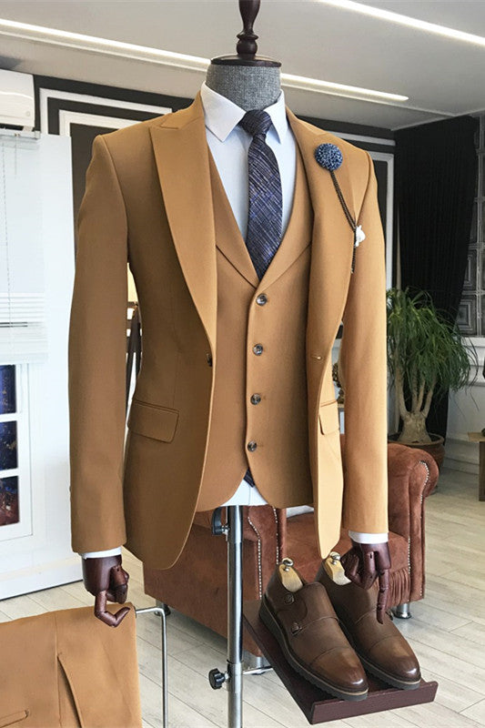 3 Pieces Gold Brown Party Mans Suit For Prom With Peaked Lapel-BallBride