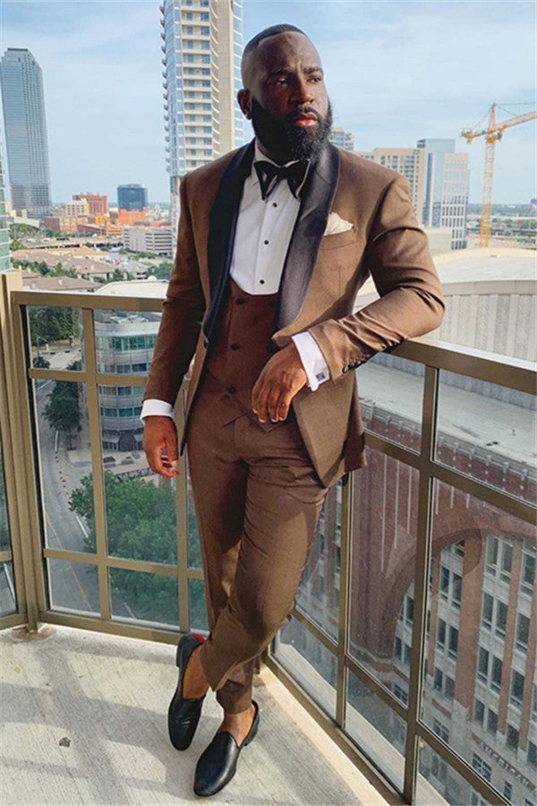 3 Pieces High Quality Brown & Black Shawl Lapel Party Prom Suit for Men-BallBride