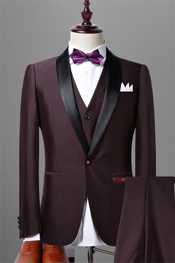 3 Pieces Slim Fit Dark Maroon Shawl Lapel Wedding Tuxedos for Men-BallBride