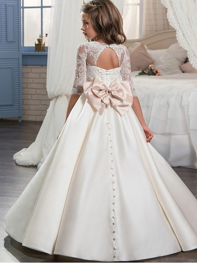 3/4 Length Sleeve Ball Gown With Lace Bow - Evening Flower Girl Dresses Polyester-BallBride