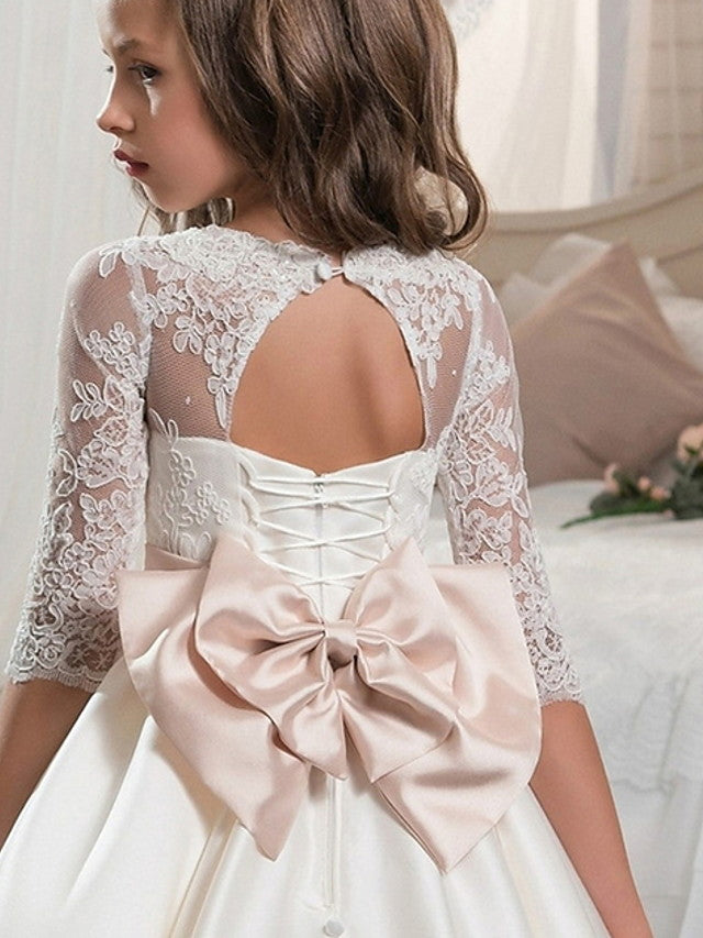 3/4 Length Sleeve Ball Gown With Lace Bow - Evening Flower Girl Dresses Polyester-BallBride