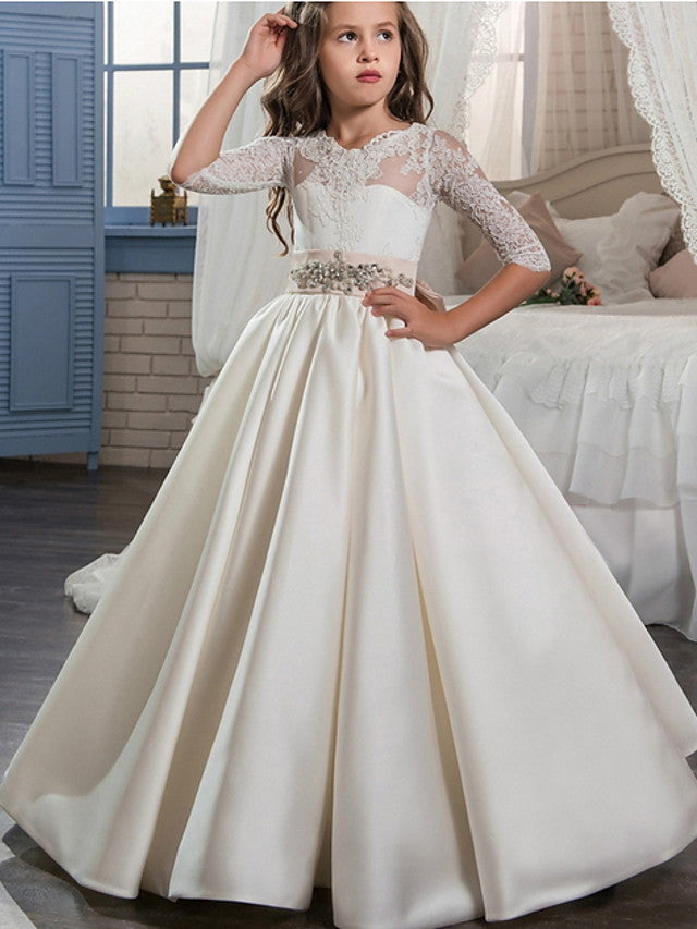 3/4 Length Sleeve Ball Gown With Lace Bow - Evening Flower Girl Dresses Polyester-BallBride