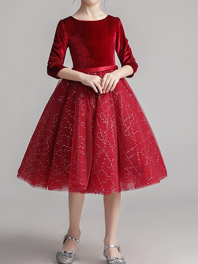 3/4 Length Sleeve Jewel Knee Length Pageant Dress with Paillette for Flower Girls-BallBride