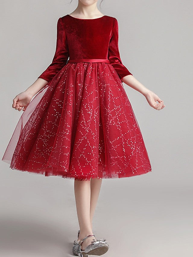 3/4 Length Sleeve Jewel Knee Length Pageant Dress with Paillette for Flower Girls-BallBride