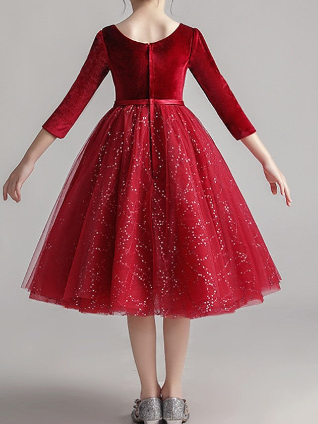 3/4 Length Sleeve Jewel Knee Length Pageant Dress with Paillette for Flower Girls-BallBride