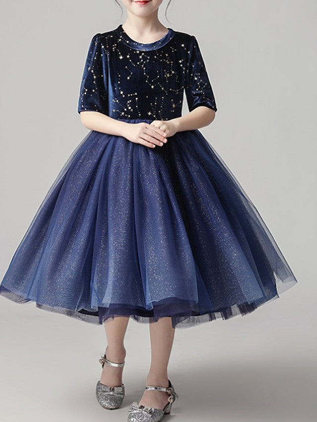 3/4 Length Sleeve Jewel Knee Length Pageant Dress with Paillette for Flower Girls-BallBride