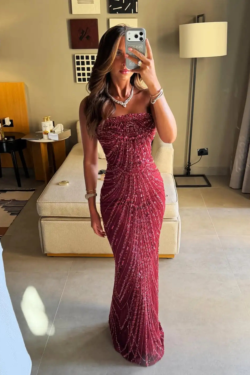 Charming Burgundy Strapless Sleeveless Mermaid Evening Dresses Sheath With Beads Zipper
