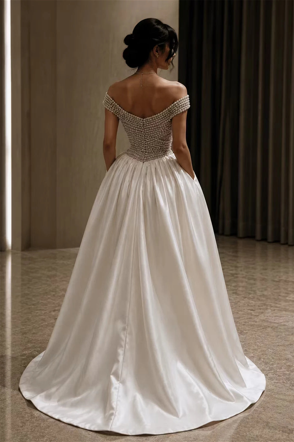 Elegant Off The Shoulder Satin Evening Dresses A-Line Gem Pockets With Pleats Zipper