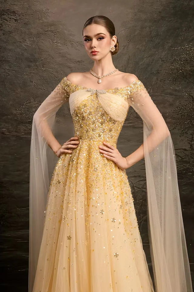 Timeless Gold Off The Shoulder Tulle Evening Dresses A-Line Sequins With Beads