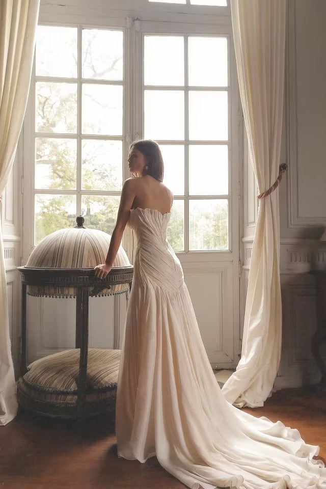 Elegant V-Neck Strapless Sleeveless Evening Dresses High Split With Zipper Pleats