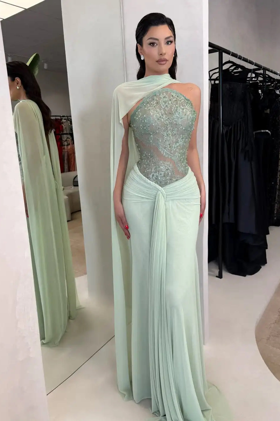 Glamorous Dusty Sage Strapless Sleeveless Mermaid Evening Dresses Sheath Gem With Pleats