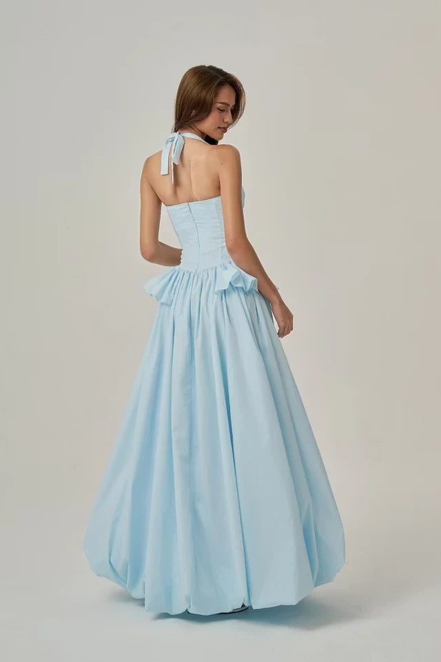 Pretty Sky Blue Halter Sleeveless Satin Evening Dresses A-Line With Zipper Pleats