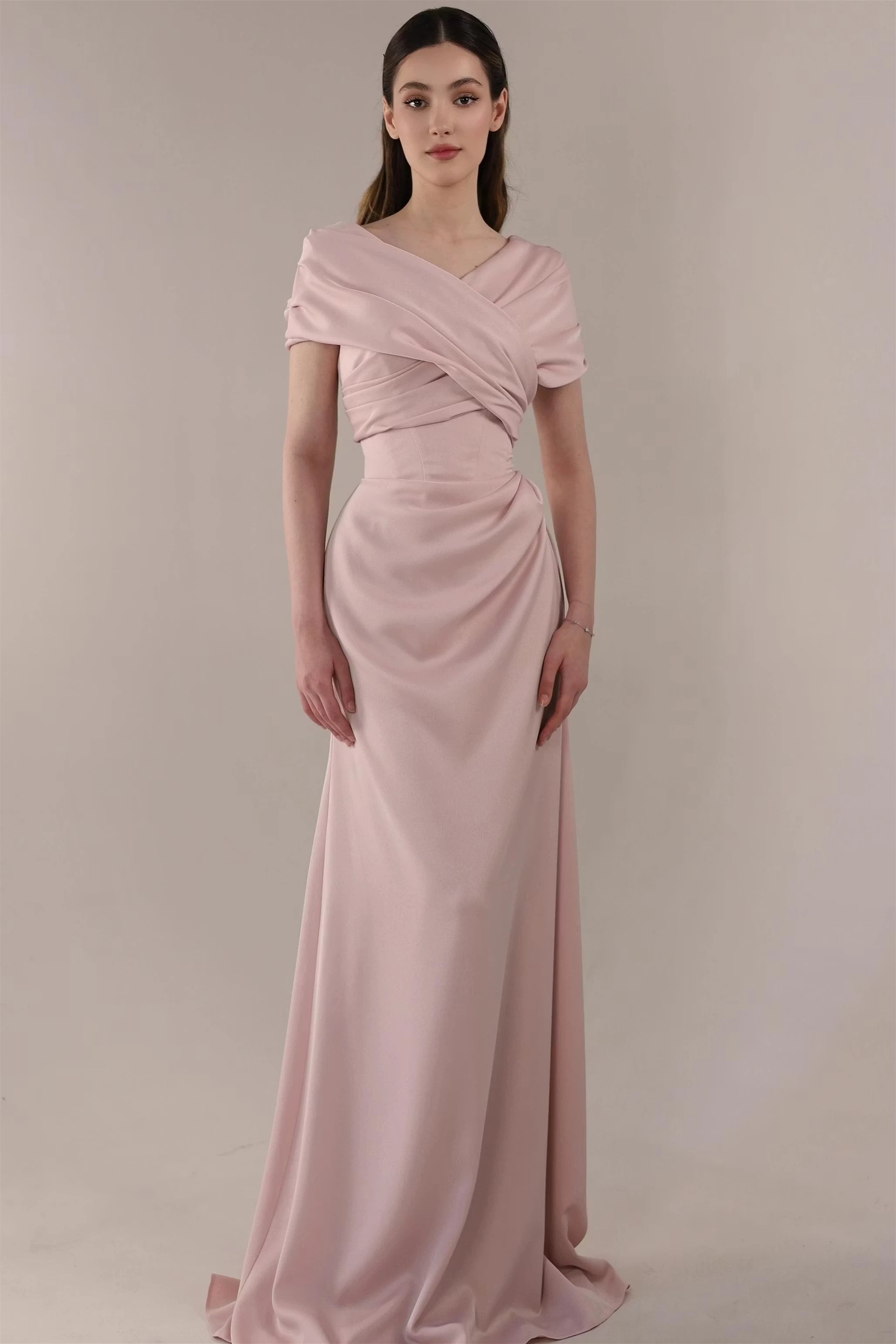 Romantic Dusty Rose Short Sleeves Satin Evening Dresses Floor Length With Lace-Up Back