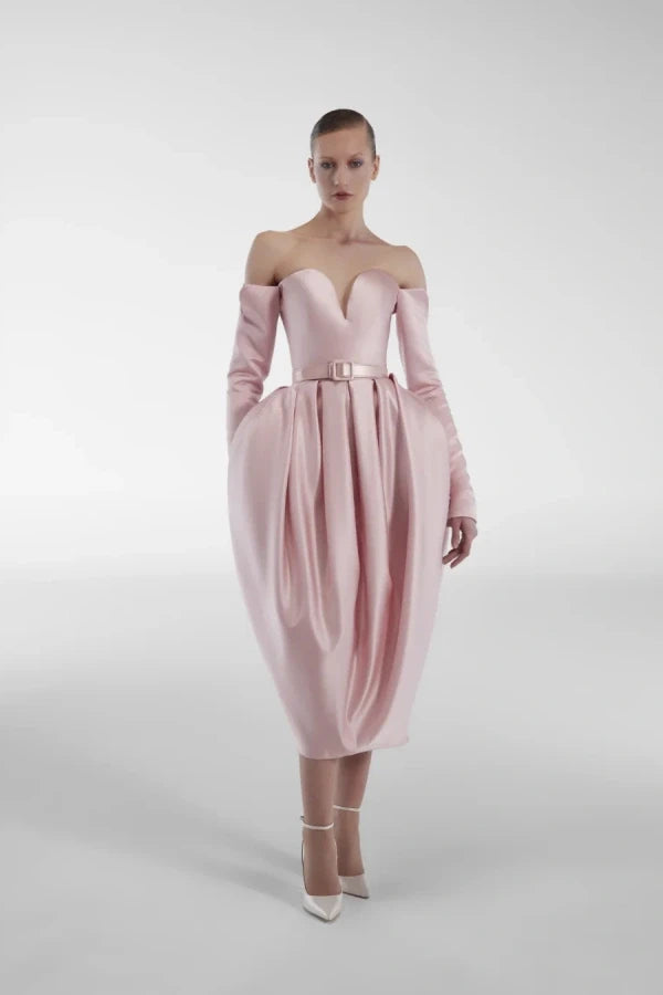 Dazzling Pink Sweetheart Long Sleeves Satin Evening Dresses Pleats With Zipper